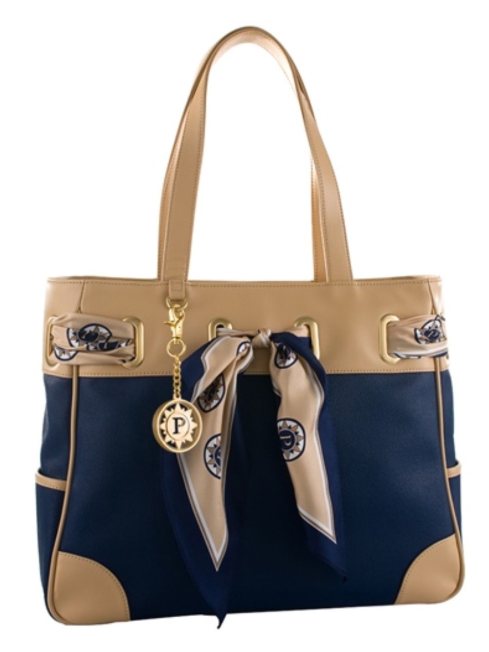 Parazul Large Blue and Tan Scarf Tote with Original Scarf, Charm and Dust Bag